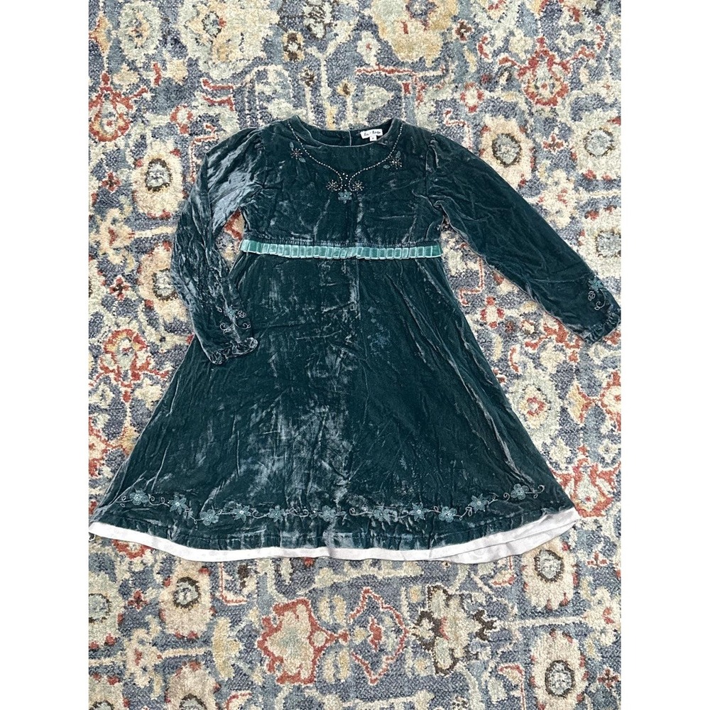 Le Top Velvet Dress Girls‎ Size 6 Teal Beaded Floral Embroidery Holiday GUC